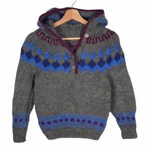 Women's Hand Knit Chunky Heavy Weight Fairisle Hooded Sweater Gray Blue …